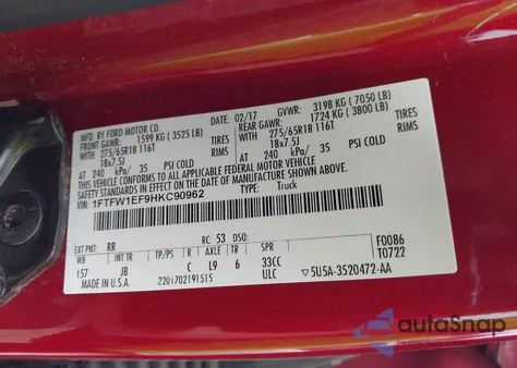 2017 Ford F150 Supercrew z USA, uszkodzony, nr VIN 1FTFW1EF9HKC90962